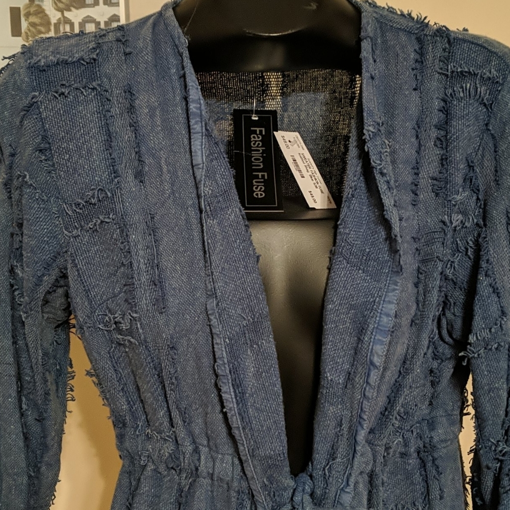 NWT, 100% Cotton tie front jacket, blue, knubby - Picture 2 of 6